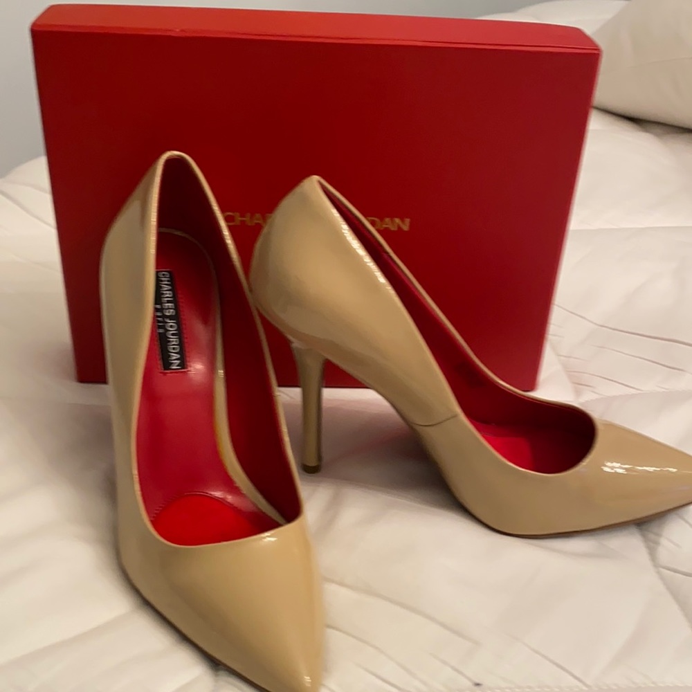 Charles Jourdan taupe high heels. Size 9.  Worn once!  Excellent condition!
